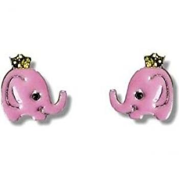 Pendientes plata Ley 925m niña 6mm. elefante esmaltado rosa corona tornillo