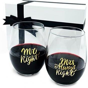 Triple Gifffted Mr Right Mrs Always Right Wine Glasses Gifts for Wedding, Anniversary, Gift for Engagement, Women, His and Her, Bride Groom, Couples, Christmas, Bridal Shower, Valentines Set Presents