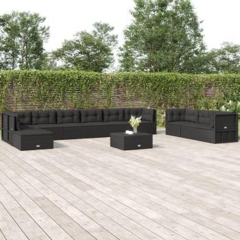 11 Piece Black Poly Rattan Outdoor Lounge Set with Cushions