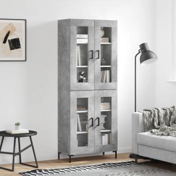 Aparador alto de madera contrachapada gris hormigón 69,5x34x180 cm con 2 puertas de cristal, mueble de almacenaje para salón, buffet y armario auxiliar