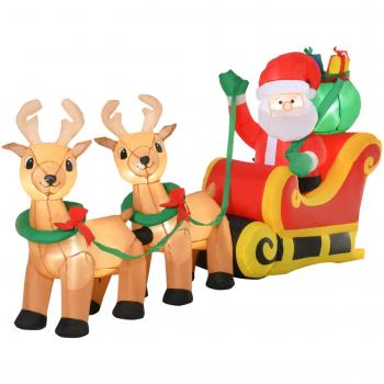 HOMCOM Papá Noel Inflable con Trineo y Renos para Decoración Navideña en Exterior con Luces LED - 240x57x112 cm