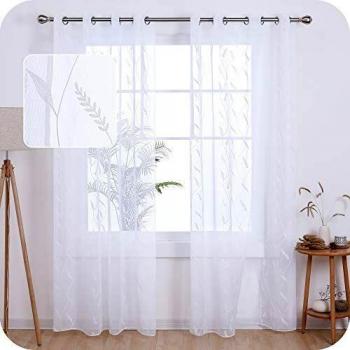 Amazon Brand - Umi Cortinas Translucidas Decorativas con Motivos Espiga de Trigo con Ojales 2 Piezas 140x290cm Blanco