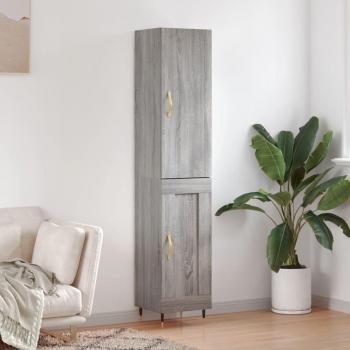 Aparador alto de madera contrachapada gris Sonoma 34,5x34x180 cm con 1 puerta de madera, mueble de almacenaje para salón, buffet y armario auxiliar