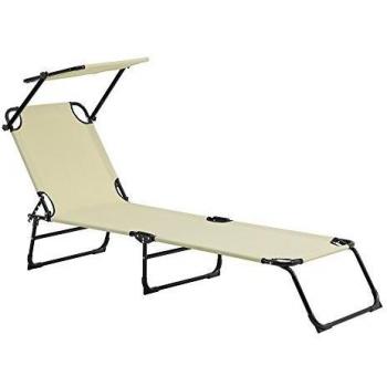 Tumbona Plegable de Acero con Techo, 190cm Beige - Hamaca de Playa para Jardín y Piscina