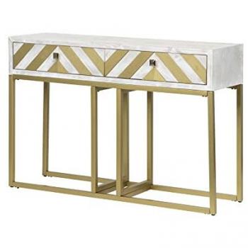 Consola Blanca-Dorada 120x35x81 Cm - Mueble de Entrada Versátil y Elegante, Material: Abeto y metal, Color: Blanco Lavado/Dorado, Dimensiones: 120 cm de largo x 35