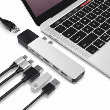 Hyper Drive USB C Hub, Dual Type C Hub Adapter voor MacBook Pro 2020 2019, Multi-Port Thunderbolt USB-C Dongle w Gigabit Ethernet, 40Gb/s C-USB 100W, 5Gb/s Type-C w 60W PD, 4K HDMI