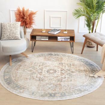 Surya Alfombra Redonda Lavable Vintage Oriental Marrón y Marfil ø 200 cm