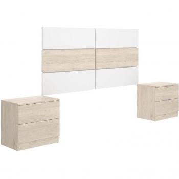 Conjunto de Dormitorio Astra Cabecero + 2 Mesitas de Noche Blanco/Natural - DEKIT GRUPO RIMOBEL ASTRA - Cabecero con Mesitas de 2 Cajones para Cama de Matrimonio