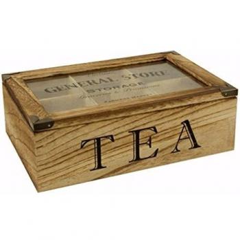 Caja de té vintage shabby chic de madera con 6 compartimentos y tapa transparente