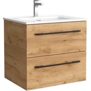 Mueble de baño Morai 80 cm con 2 cajones y Lavabo de porcelana en color Roble con tirador negro