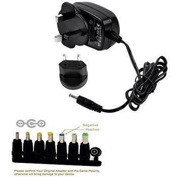 Top-Longer Adaptador de Viaje EU UK AC/DC Cargador de pared con Clavija de 5.5mm y 8 Conectores - AC 100-240V a DC 12V 1A Adaptador Cargador Universal Fuente de alimentación universal