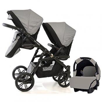 Carro doble niños diferentes edades. 2 sillas + 1 capazo + accesorios. CONVERTIBLE en individual! BBtwin. Gris. Cochecito gemelar