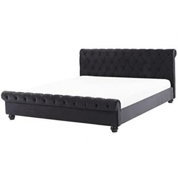 Cama Doble Tapizada en Terciopelo Negro 180 x 200 cm con Cabecero Acolchado Estilo Glam Avallon