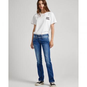 Jeans rectos de mujer Pepe Jeans Jen azul, tiro medio, efecto desgastado, fit regular