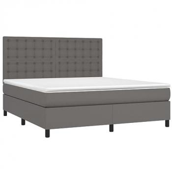 Cama box spring con colchón viscoelástico de espuma, protector, muelles ensacados, adaptable y reversible en cuero sintético gris 160x200 cm