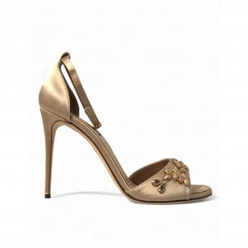Gold Satin Ankle Strap Crystal Sandals Shoes - EU37/US6.5, Dolce & Gabbana High Heel Sandals, Female, Yellow, Size: 7 US Crystal Embellished Gold Sandals
