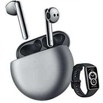 HUAWEI FreeBuds 4 + BAND 6 NEGRA - Auriculares inalámbricos, Bluetooth de ajuste semi-interno con cancelación de ruido activa, auriculares con triple micrófono y sonido de alta definición, Plata