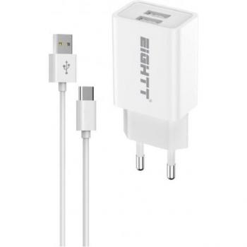 Eightt ECW-C Cargador Universal para Dispositivos Móviles con Doble Puerto USB-A 5V 2x2.4A y Cable Tipo-C de 1.2m, Color Blanco, Uso Interior