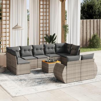 10-Piece Grey Poly Rattan Garden Sofa Set with Cushions