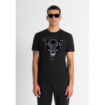 Camiseta Regular Fit de Jersey de Algodón Negro con Estampado de Pantera Antony Morato