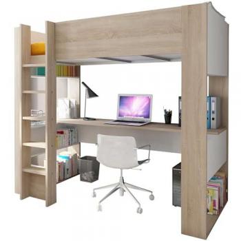 Cama entresuelo Noah II con escritorio y almacenaje - 90 x 200 cm - Roble y blanco