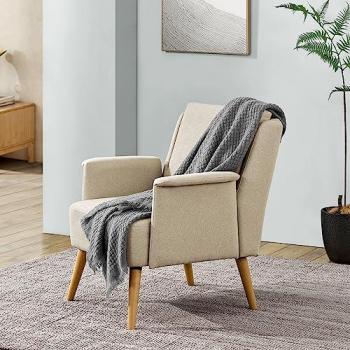 Sillón Tapizado Edling de Madera Contrachapada y Madera, 83 x 73 x 75 cm - Beige, Asiento Cómodo para Salón o Sala de Espera