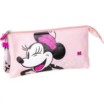 Estuche Triple Compartimento Minnie Mouse Rosa - 22.5x2x11.5 cm - 100% Poliéster - Diseño Original España