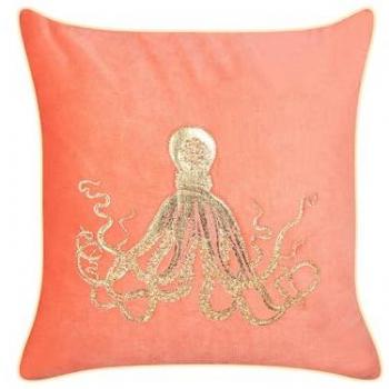 Cojín Decorativo de Terciopelo Rojo 45 x 45 cm Cuadrado con Motivo de Pulpo Marino y Relleno de Poliéster