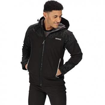 Regatta Hewitts V - Chaqueta de softshell reflectante con capucha para hombre, repelente al agua, transpirable y resistente al viento, Hombre, RML182 82670, negro / negro, L