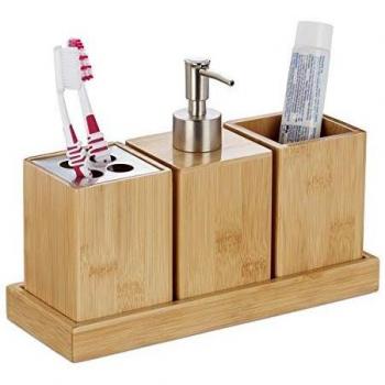 Set de Accesorios de Baño en Bambú, 4 Piezas, Dosificador de Jabón, Soporte para Cepillos de Dientes y Vaso, Natural