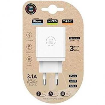 Cargador tech one tech 3.1 pared triple para iphone/micro usb/type-c color blanco