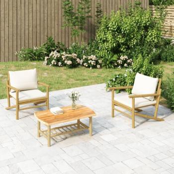 vidaXL 3-Piece Bamboo Garden Lounge Set with Cream White Cushions