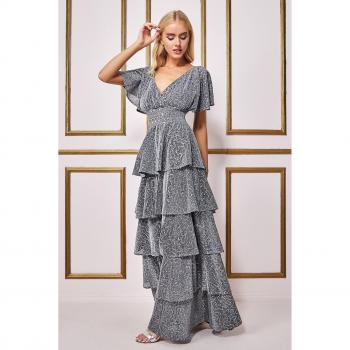 Goddiva Sequin Lurex Tiered Maxi Dress - Silver