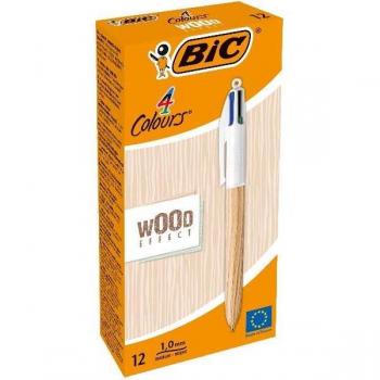 Pack de 12 BIC 4 Colours Wood Style Bolígrafos Retráctiles - Punta Media de 1.0mm - Tinta a Base de Aceite - Diseño Imitación Madera - Cuatro Col