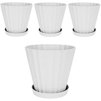 Set de 4 Macetas Redondas Plastiken Doric con Platos Incluidos - Medida 22 cm, 5L, Color Blanco