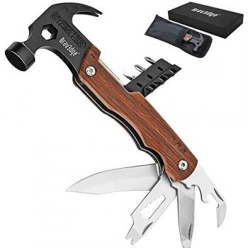 Multiherramienta Bravedge, Accesorios Camping, Regalo para hombres, 12 en 1 Herramienta Multiusos con Martillo, Tirador de Clavo, Navaja, Destornilladores y Bolsa de Transporte