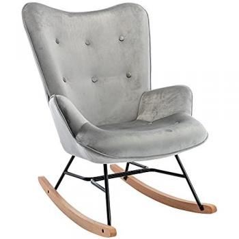 Silla Mecedora Sanka de Terciopelo Gris con Estructura Metálica y Esquís de Madera