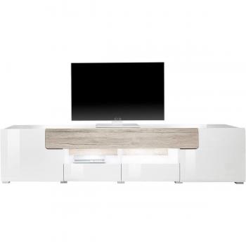 Mueble TV Toledo, 209 cm, color blanco, con 2 puertas y 2 cajones, de madera aglomerada, diseño moderno con decorativas fresaduras