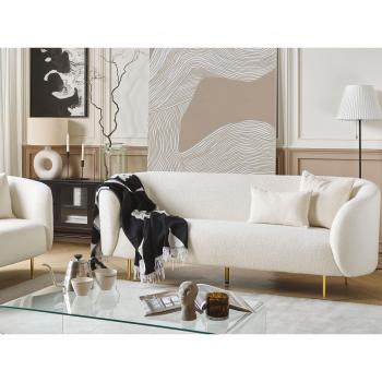 Sofá de 3 plazas en bouclé blanco con patas retro doradas, suave y glamuroso