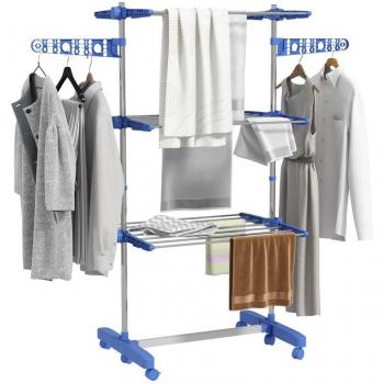 Tendedero Vertical Plegable Homcom de 3 Niveles con 6 Ruedas, 2 Laterales Abatibles, Estantes Ajustables y Marco de Acero Inoxidable para Interior y Exterior en color Azul