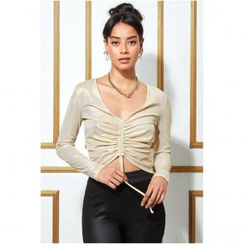 Goddiva Metallic String Long Sleeve Top - Creamgold, Size 12 UK