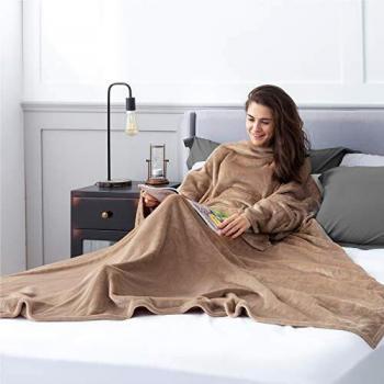 Bedsure Batamanta Polar Mujer Sofa - Manta con Mangas y Bolsillo Hombre para Pies de TV,Blanket Hoodie Suave y Acogedor,Camello,170x200cm