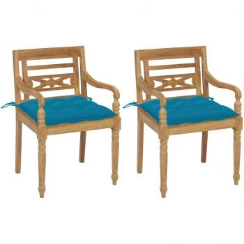 Batavia Solid Teak Wood Chairs with Light Blue Cushions - Set of 2