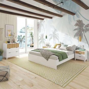 Pack Dormitorio Daylight: Mesitas de Noche, Cómoda y Cama Queen Size en Blanco Artik y Natur