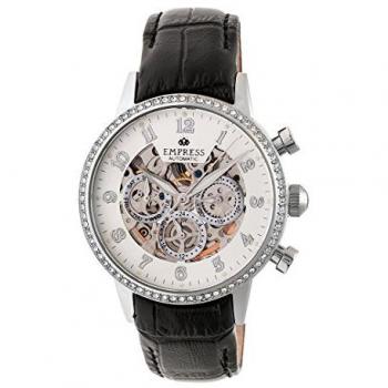 Empress Beatrice Women's Automatic Skeleton Dial Leather Band Watch with Day/Date - Silver/Black