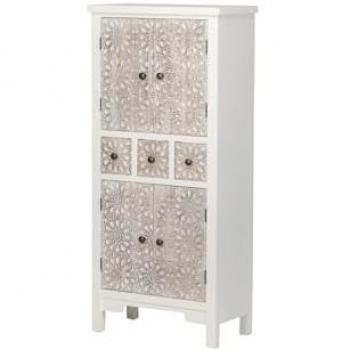 Aparador Elegante de Madera Tallada Blanco-Beige 60x30x130 cm - Mueble de Almacenamiento Sólido