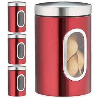 Set de 4 Recipientes de Almacenamiento para Cocina con Tapa y Ventana, 1,4 l, para Café, Harina y Pasta, Metal Rojo