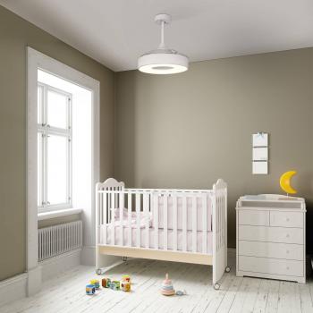 Ventilador de techo Coin Mini blanco con aspas desplegables, motor DC silencioso, Ø 43/91 cm, luz LED regulable y control remoto