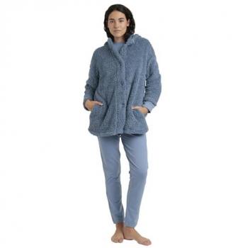 Bata de Mujer Admas Comfort Home Azul Manga Larga con Capucha y Cierre de Botones