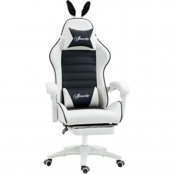 Vinsetto Silla Gaming Racing Profesional de Cuero PU Giratoria con Altura Ajustable, Inclinación 135°, Reposacabezas y Reposapiés 65x63x136-142 cm Negro y Blanco
